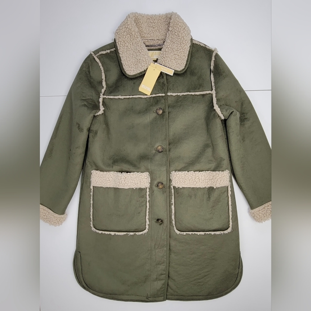 Michael Kors Coat Jacket Faux Suede Faux Fur Lining Olive Green Hazelnut M New